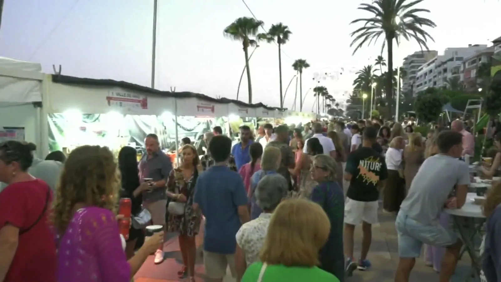 Visitors on the Paseo Marítimo at nightfall, among the stands and palm trees, 2026