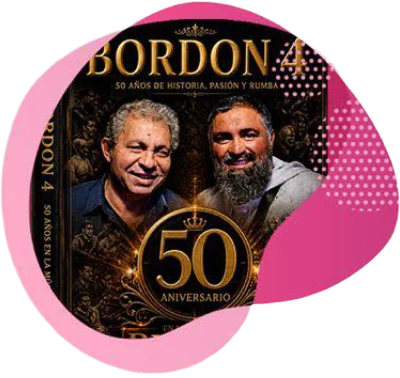 Bordón 4 artwork showing two of the members and the rumba band's 50th anniversary seal.