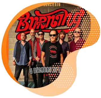 Rock band Burning together beneath their logo and the five-decades-in-concert tagline.