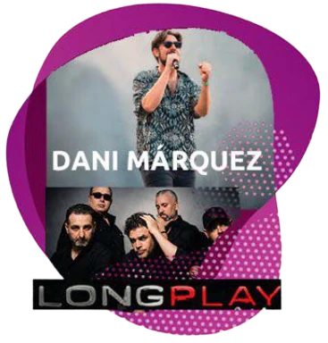 Dani Márquez singing into a microphone above a photo of the band Long Play, the two names on that night's bill.