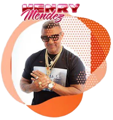 Latin artist Henry Méndez smiling in sunglasses and gold chains, beneath his name in red.
