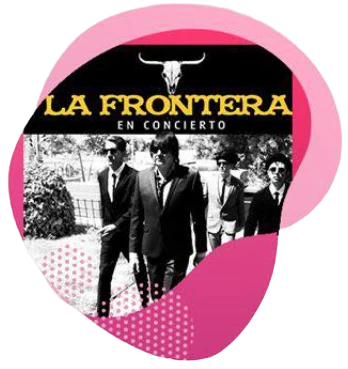 Black-and-white artwork for La Frontera in concert, the four musicians in suits and sunglasses.