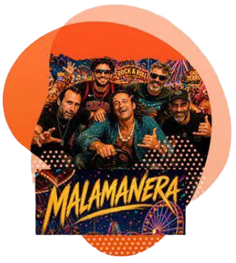 The members of Malamanera posing together among the lights and rides of a funfair.