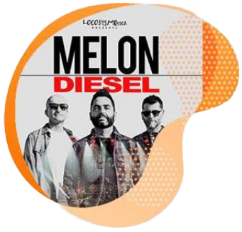 The three members of Melon Diesel posing beneath the band's logo.