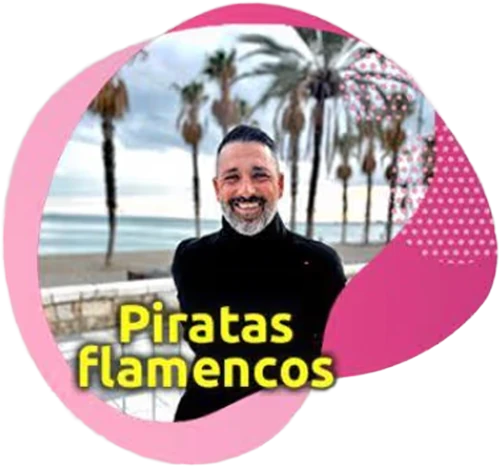Piratas Flamencos artwork: a musician smiling in a black jumper in front of the beach and palm trees.