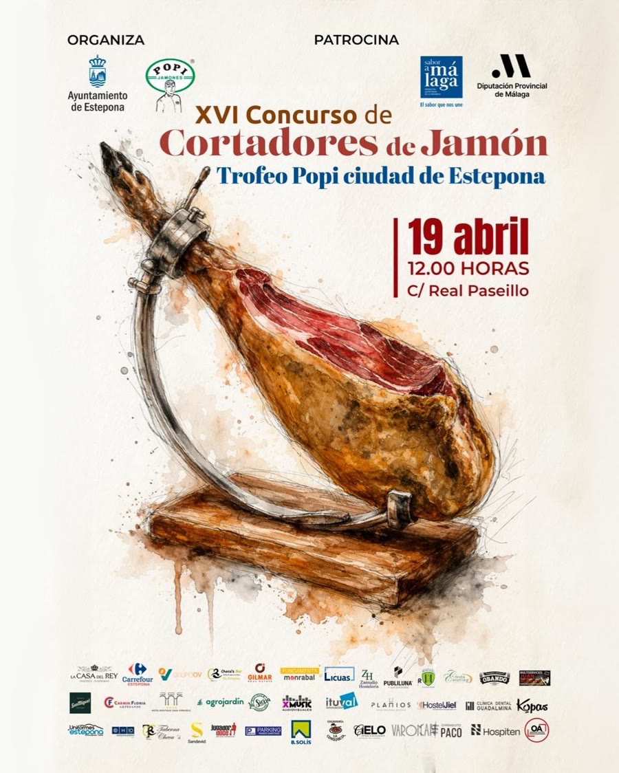 Poster for the 16th Ham Carvers’ Contest “Trofeo Popi Ciudad de Estepona”, 19 April at 12.00 on calle Real Paseillo